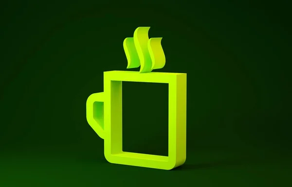 Ikon flat cangkir kopi kuning diisolasi dengan latar belakang hijau. Cangkir teh. Kopi hangat. Konsep minimalisme. Tampilan 3D ilustrasi 3d — Stok Foto