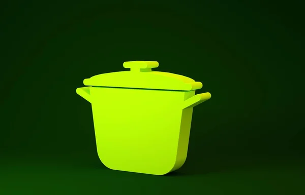 Жовта піктограма горщика для приготування їжі ізольована на зеленому фоні. Відварювати або готувати їжу символ. Концепція мінімалізму. 3D ілюстрація 3D рендеринга — стокове фото