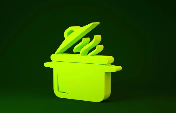 Желтая иконка горшка выделена на зеленом фоне. Вскипятить или тушить пищевой символ. Концепция минимализма. 3D-рендеринг — стоковое фото