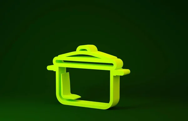 Icona pentola di cottura gialla isolata su sfondo verde. Bollire o stufato cibo simbolo. Concetto minimalista. Illustrazione 3d rendering 3D — Foto Stock