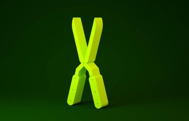Yeşil arkaplanda izole edilmiş simgeyi budamak için sarı el yapımı makas. Ahşap saplı budama makası. Minimalizm kavramı. 3d illüstrasyon 3B canlandırma