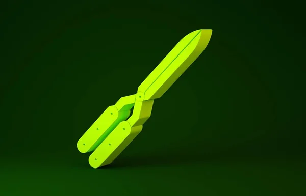 緑の背景に隔離されたトリミングアイコンのための黄色のガーデニング手作りはさみ。木製のハンドルで剪定は耳を傾けます。最小限の概念。3Dイラスト3Dレンダリング — ストック写真