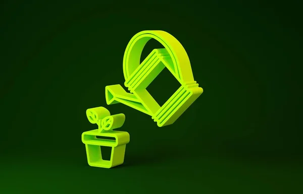 Yellow Watering can sprays water drops above plant in pot icon isolated on green background. Irrigation symbol. Minimalism concept. 3d illustration 3D render — 스톡 사진