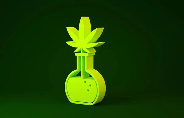 Sárga kémiai kémcső marihuána vagy cannabis levél ikon izolált zöld alapon. Kutatási koncepció. Laboratóriumi Cbd olaj koncepció. Minimalizmus koncepció. 3d illusztráció 3d render — Stock Fotó