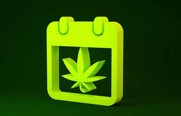 Calendrier jaune et icône de la marijuana ou de la feuille de cannabis isolé sur fond vert. Journée nationale des mauvaises herbes. Symbole de chanvre. Concept de minimalisme. Illustration 3D rendu 3D — Photo