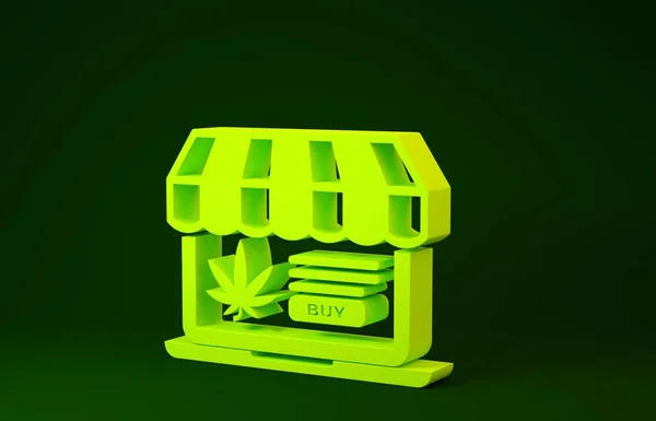 Żółty laptop i lecznicza marihuana lub ikona liści marihuany odizolowane na zielonym tle. Symbol zakupu online. Kosz supermarketów. Koncepcja minimalizmu. Ilustracja 3D 3D renderowania — Zdjęcie stockowe