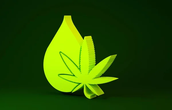 Amarillo Marihuana medicinal o aceite de oliva de hoja de cannabis icono de gota aislado sobre fondo verde. Extracto de cannabis. Un símbolo de cáñamo. Concepto minimalista. 3D ilustración 3D render —  Fotos de Stock