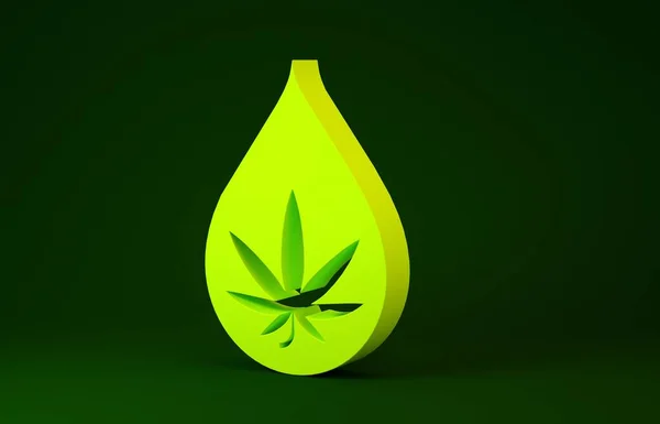 Sárga Orvosi marihuána vagy cannabis levél olívaolaj csepp ikon elszigetelt zöld alapon. Kannabiszkivonat. Kenderszimbólum. Minimalizmus koncepció. 3d illusztráció 3D render — Stock Fotó