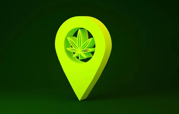 Puntero Mapa Amarillo y marihuana o icono de hoja de cannabis aislado sobre fondo verde. Un símbolo de cáñamo. Concepto minimalista. 3D ilustración 3D render — Foto de Stock