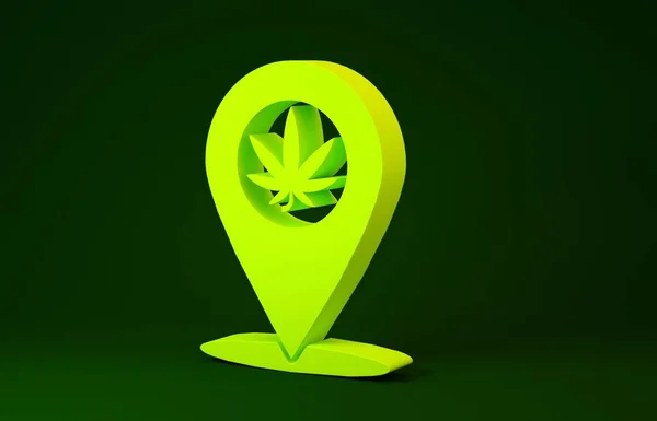Pointeur de carte jaune et icône de feuille de marijuana ou de cannabis isolé sur fond vert. Symbole de chanvre. Concept de minimalisme. Illustration 3D rendu 3D — Photo