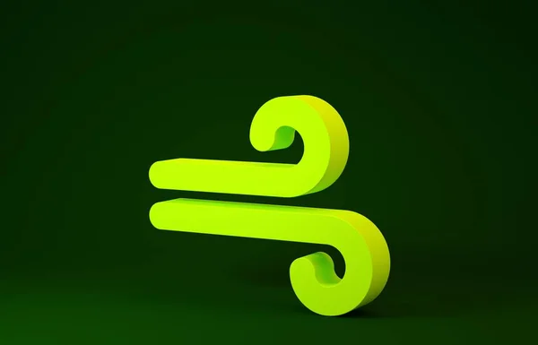 Sárga szél ikon elszigetelt zöld háttérrel. Szeles az idő. Minimalizmus koncepció. 3d illusztráció 3D render — Stock Fotó