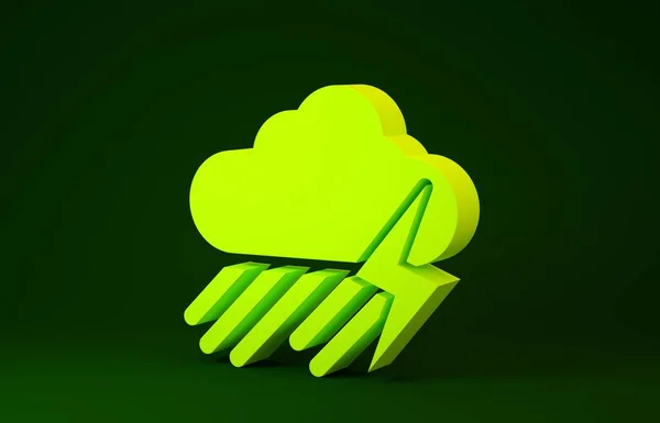 Nube amarilla con la lluvia y relámpago icono aislado sobre fondo verde. Precipitación de nubes de lluvia con gotas de lluvia.Icono meteorológico de la tormenta. Concepto minimalista. 3D ilustración 3D render — Foto de Stock