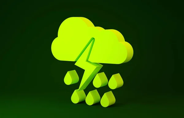 Yellow Cloud with rain and lightning icon isolated on green background. Rain cloud precipitation with rain drops.Weather icon of storm. Minimalism concept. 3d illustration 3D render
