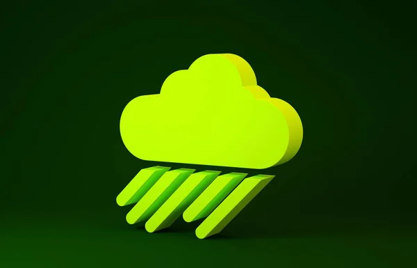 녹색 배경에 비를 상징하는 노란 구름이 있습니다. 비가 빗방울을 동반하여 비가 내리게 됩니다. 미니멀리즘의 개념입니다. 3d 삽화 3D 렌더링 — 스톡 사진