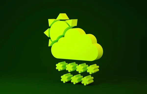 Yellow Cloud with snow and sun icon isolated on green background. Cloud with snowflakes. Single weather icon. Snowing sign. Minimalism concept. 3d illustration 3D render — 스톡 사진