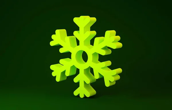 Żółta ikona płatka śniegu odizolowana na zielonym tle. Koncepcja minimalizmu. Ilustracja 3D 3D renderowania — Zdjęcie stockowe