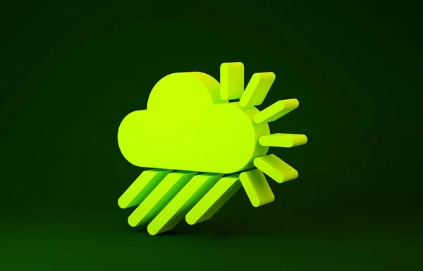 Gelb bewölkt mit Regen und Sonnensymbol auf grünem Hintergrund. Regenwolken Niederschlag mit Regentropfen. Minimalismus-Konzept. 3D Illustration 3D Renderer — Stockfoto