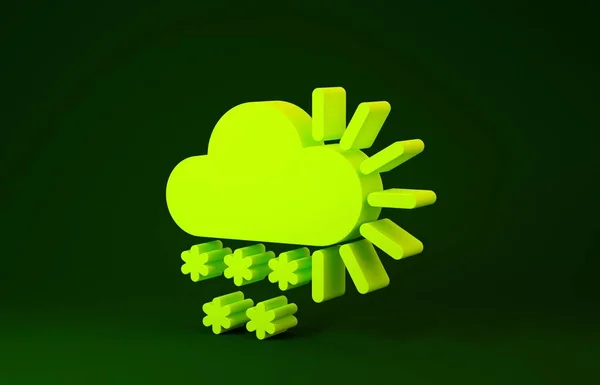 Gelb bewölkt mit Schnee-Symbol auf grünem Hintergrund. Wolke mit Schneeflocken. einzelnes Wettersymbol. Schneeschild. Minimalismus-Konzept. 3D Illustration 3D Renderer — Stockfoto
