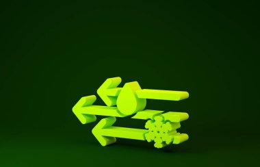 Yeşil zemin üzerinde kar ikonu olan sarı rüzgar ve yağmur. Rüzgarlı bir hava. Minimalizm kavramı. 3d illüstrasyon 3d canlandırma