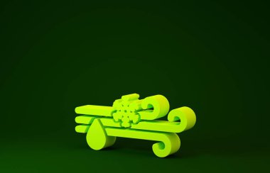 Yeşil zemin üzerinde kar ikonu olan sarı rüzgar ve yağmur. Rüzgarlı bir hava. Minimalizm kavramı. 3d illüstrasyon 3d canlandırma