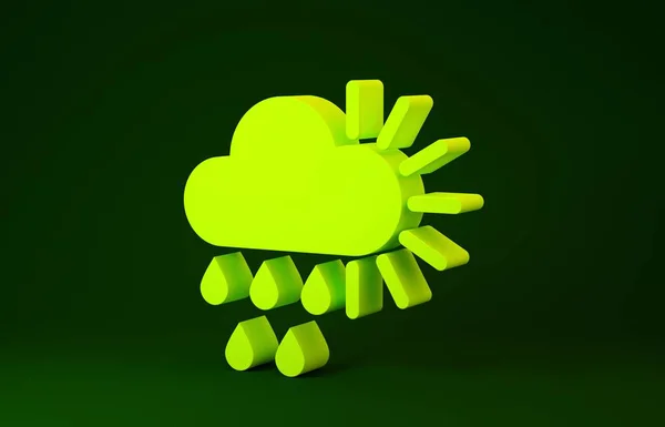 Yellow Cloudy with rain and sun icon isolated on green background. Rain cloud precipitation with rain drops. Minimalism concept. 3d illustration 3D render