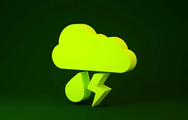 Yellow Cloud with rain and lightning icon isolated on green background. Rain cloud precipitation with rain drops.Weather icon of storm. Minimalism concept. 3d illustration 3D render — 스톡 사진