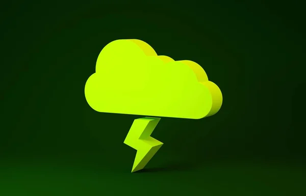 Yellow Storm icon isolated on green background. Cloud and lightning sign. Weather icon of storm. Minimalism concept. 3d illustration 3D render