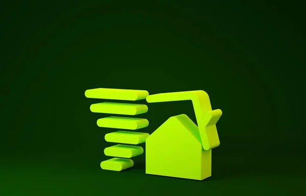 Amarillo Tornado remolino daña icono del techo de la casa aislado sobre fondo verde. Ciclón, torbellino, embudo de tormenta, icono del viento huracán. Concepto minimalista. 3D ilustración 3D render — Foto de Stock