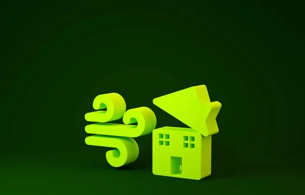 Sárga Tornádó örvény károk ház tető ikon elszigetelt zöld háttér. Ciklon, forgószél, vihartölcsér, hurrikán szélikon. Minimalizmus koncepció. 3d illusztráció 3d render — Stock Fotó