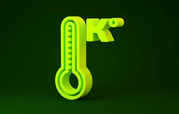 Termômetro de meteorologia amarela medindo calor e ícone frio isolado em fundo verde. Temperatura Kelvin. Conceito de minimalismo. 3D ilustração 3D render — Fotografia de Stock