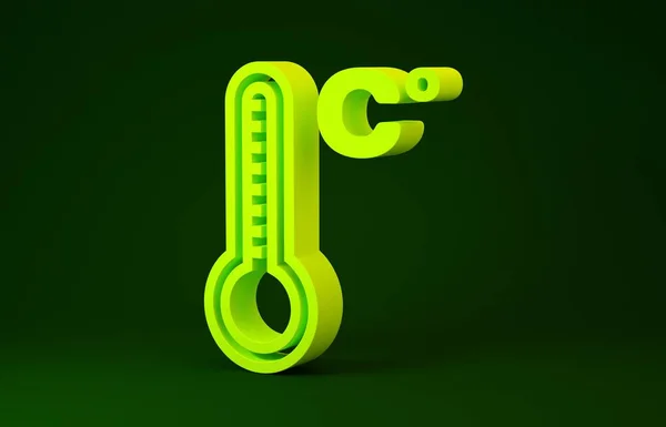 Termômetro de meteorologia amarela medindo calor e ícone frio isolado em fundo verde. Temperatura Celsius. Conceito de minimalismo. 3D ilustração 3D render — Fotografia de Stock