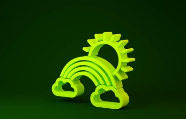 Yeşil zemin üzerinde bulutlar ve güneş ikonu olan sarı gökkuşağı. Minimalizm kavramı. 3d illüstrasyon 3d canlandırma
