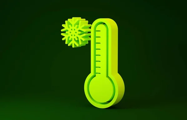 Termometro Meteorologia Gialla che misura calore e icona a freddo isolata su fondo verde. Apparecchiatura termometrica che mostra tempo caldo o freddo. Concetto minimalista. Illustrazione 3d rendering 3D — Foto Stock