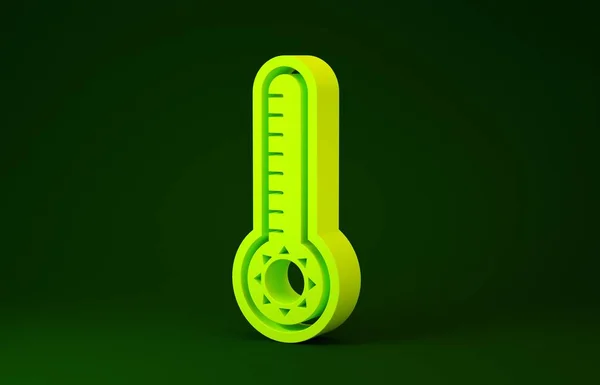 Termómetro de meteorología amarilla que mide el calor y el frío icono aislado sobre fondo verde. Equipo de termómetro que muestra clima caliente o frío. Concepto minimalista. 3D ilustración 3D render — Foto de Stock