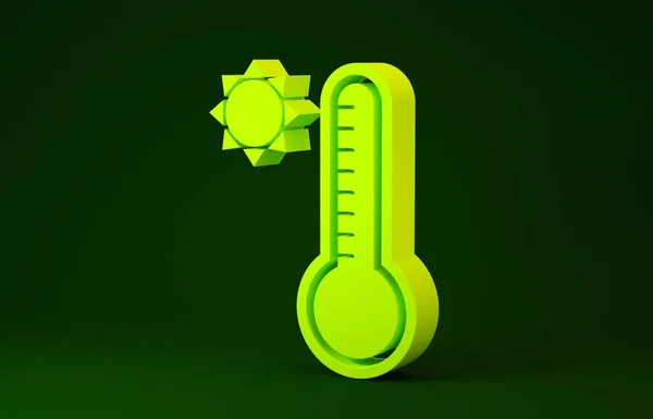 Das gelbe Meteorologie-Thermometer misst Hitze und Kälte isoliert auf grünem Hintergrund. Thermometerausrüstung, die heißes oder kaltes Wetter zeigt. Minimalismus-Konzept. 3D Illustration 3D Renderer — Stockfoto