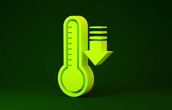 Das gelbe Meteorologie-Thermometer misst Hitze und Kälte isoliert auf grünem Hintergrund. Thermometerausrüstung, die heißes oder kaltes Wetter zeigt. Minimalismus-Konzept. 3D Illustration 3D Renderer — Stockfoto