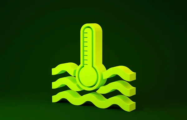 緑色の背景に隔離された熱と冷たいアイコンを測定する黄色の水温度計。高温または低温を示す温度計機器。最小限の概念。3Dイラスト3Dレンダリング — ストック写真