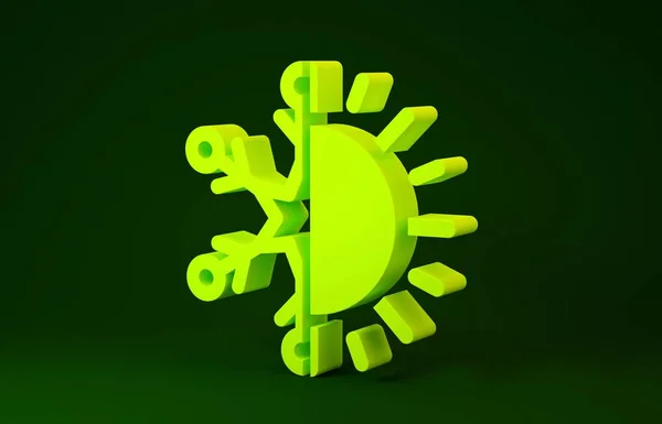 Yellow Hot and cold symbol. Sun and snowflake icon isolated on green background. Winter and summer symbol. Minimalism concept. 3d illustration 3D render — ストック写真