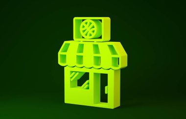 Sarı spor mağazası ve basketbol topu ikonu yeşil arka planda izole edilmiş. Spor mağazası. Minimalizm kavramı. 3d illüstrasyon 3d canlandırma