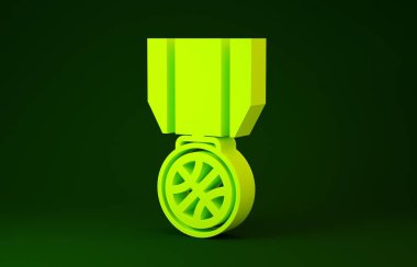 Yeşil arka planda izole edilmiş kurdele ikonu olan sarı basketbol madalyası. Minimalizm kavramı. 3d illüstrasyon 3d canlandırma