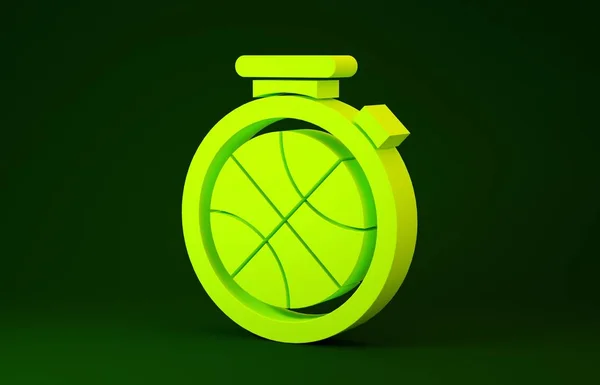 緑色の背景に隔離されたアイコン内のバスケットボールボール付きイエローストップウォッチ。バスケットボールの時間だスポーツとトレーニング。最小限の概念。3Dイラスト3Dレンダリング — ストック写真