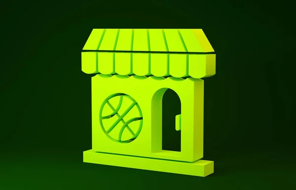 Giallo negozio di sport e pallacanestro icona isolato su sfondo verde. Negozio sportivo. Concetto minimalista. Illustrazione 3d rendering 3D — Foto Stock