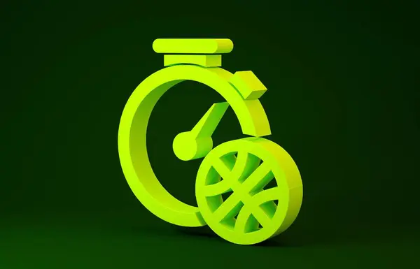 Yellow Stopwatch with basketball ball inside icon isolated on green background. Basketball time. Sport and training. Minimalism concept. 3d illustration 3D render — 스톡 사진