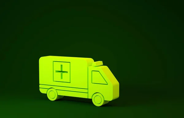 Gelbes Symbol für Rettungswagen und Notarztwagen auf grünem Hintergrund. Rettungswagen medizinische Evakuierung. Minimalismus-Konzept. 3D Illustration 3D Renderer — Stockfoto