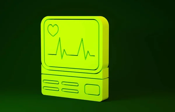 緑の背景に隔離された心臓のアイコンと黄色のコンピュータモニタ。監視アイコン。心拍の手でECGモニターを描画します。最小限の概念。3Dイラスト3Dレンダリング — ストック写真