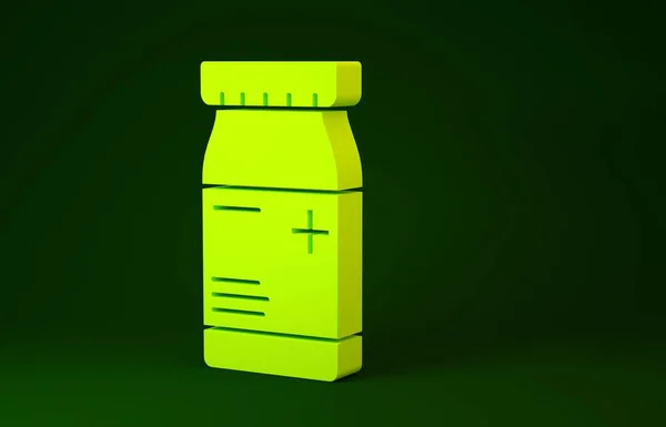 Жовта пляшка ліків і таблетки значок ізольовані на зеленому фоні. Знак пляшкової таблетки. Аптечний дизайн. Концепція мінімалізму. 3D ілюстрація 3D рендеринга — стокове фото