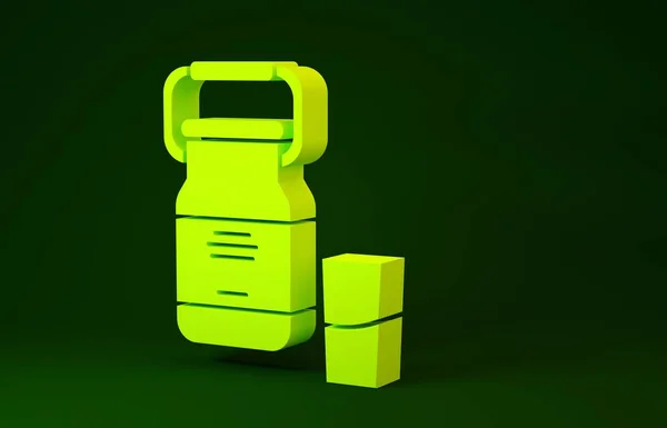 Жовтий Контейнер для молока та скляної ікони ізольовано на зеленому фоні. Концепція мінімалізму. 3D ілюстрація 3D рендеринга — стокове фото
