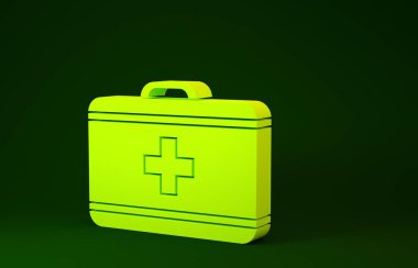 Sarı ilk yardım çantası simgesi yeşil arkaplanda izole edildi. Haçlı sağlık kutusu. Acil durumlar için tıbbi ekipman. Sağlık sigortası konsepti. Minimalizm kavramı. 3d illüstrasyon 3B canlandırma