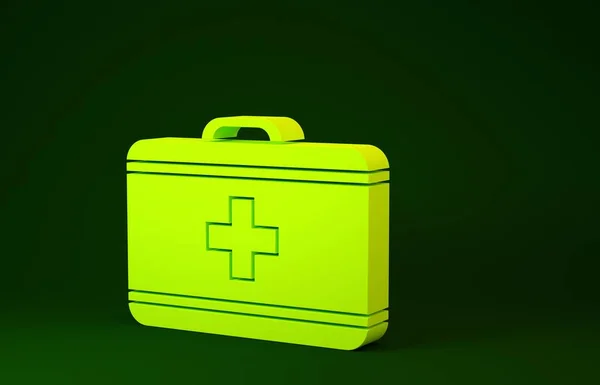 Yellow First aid kit icon isolated on green background. Medical box with cross. Medical equipment for emergency. Healthcare concept. Minimalism concept. 3d illustration 3D render — Stock Photo, Image