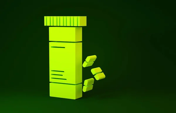 Yellow Medicine garrafa e pílulas ícone isolado no fundo verde. Sinal de pílula de garrafa. Design de farmácia. Conceito de minimalismo. 3D ilustração 3D render — Fotografia de Stock